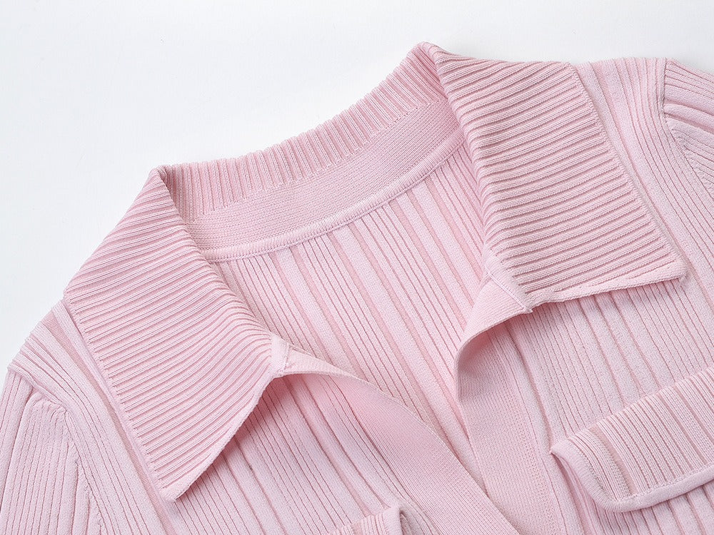 Women's pink knitted medium-length dress senior sense of fashion temperament polo collar waist-skimming long dress