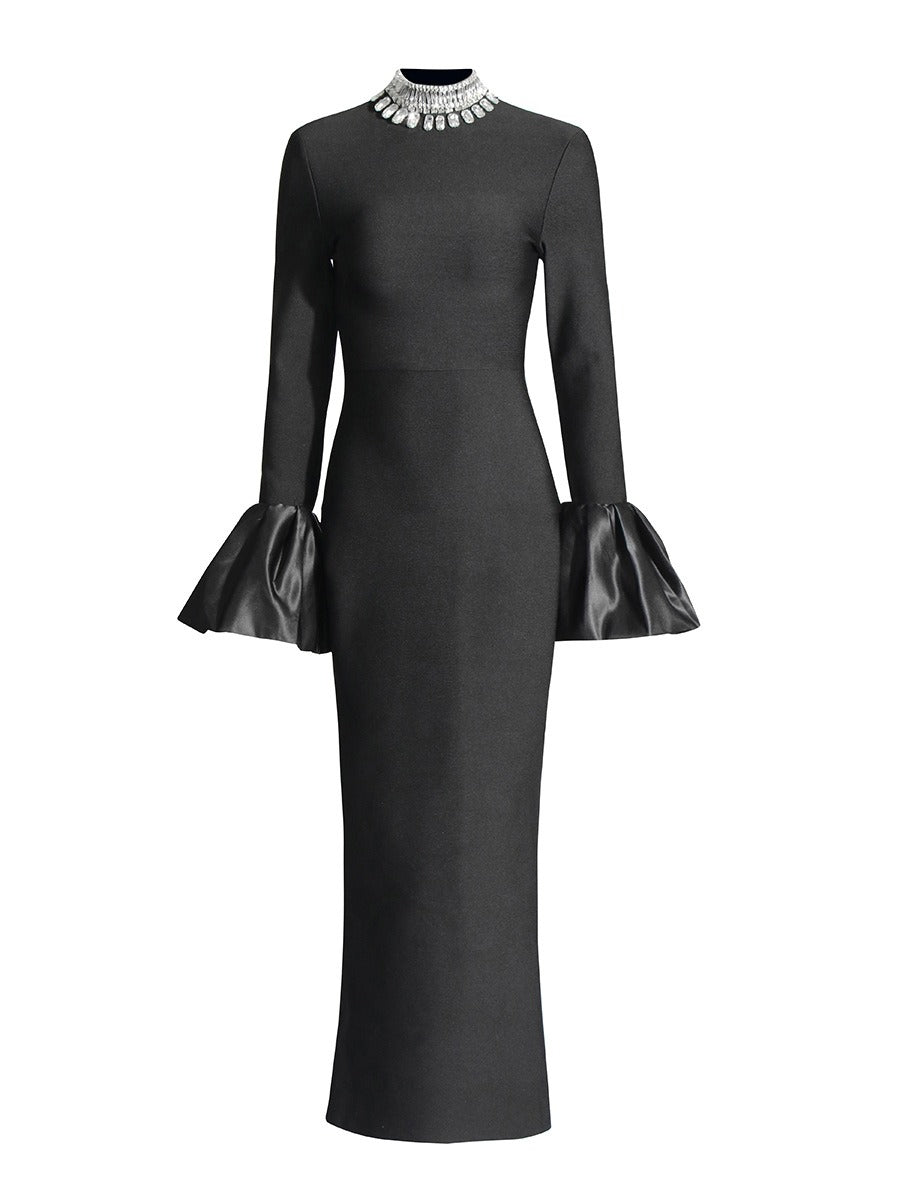 American sexy party dress with stand up collar long sleeves bandages ruffled edges hip hugging dress