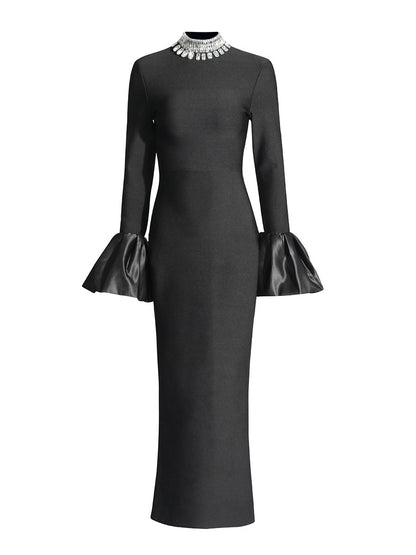 American sexy party dress with stand up collar long sleeves bandages ruffled edges hip hugging dress