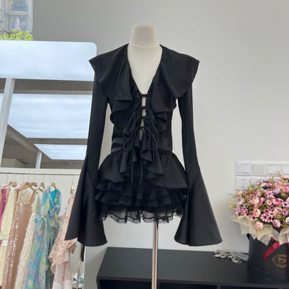 Girl Wind Lotus Leaf Edge Lace Horn Long Sleeve Satin Shirt+Folded Cake Half Skirt 2-piece Set Autumn