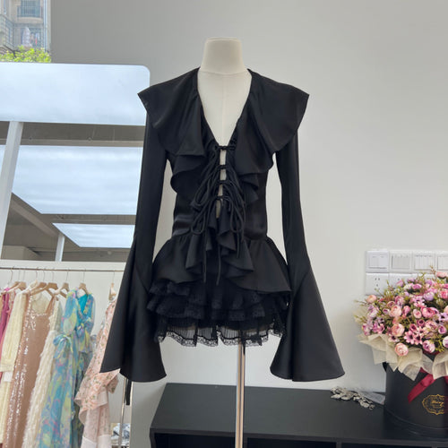 Girl Wind Lotus Leaf Edge Lace Horn Long Sleeve Satin Shirt+Folded Cake Half Skirt 2-piece Set Autumn