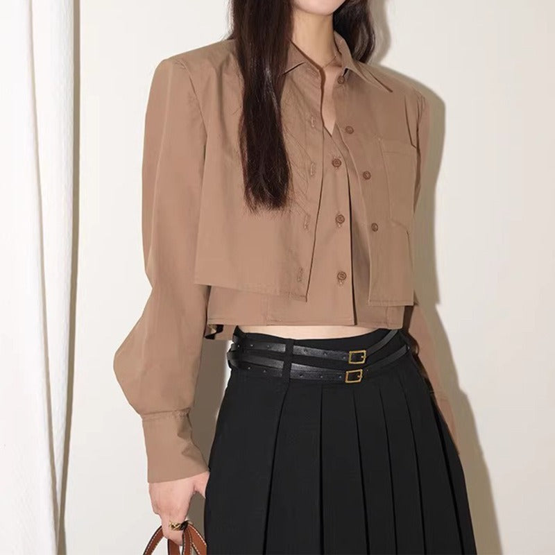 Four Seasons Wear White Shirt Women's Short Commuter Shirt Casual Long Sleeve Fake Two piece Top