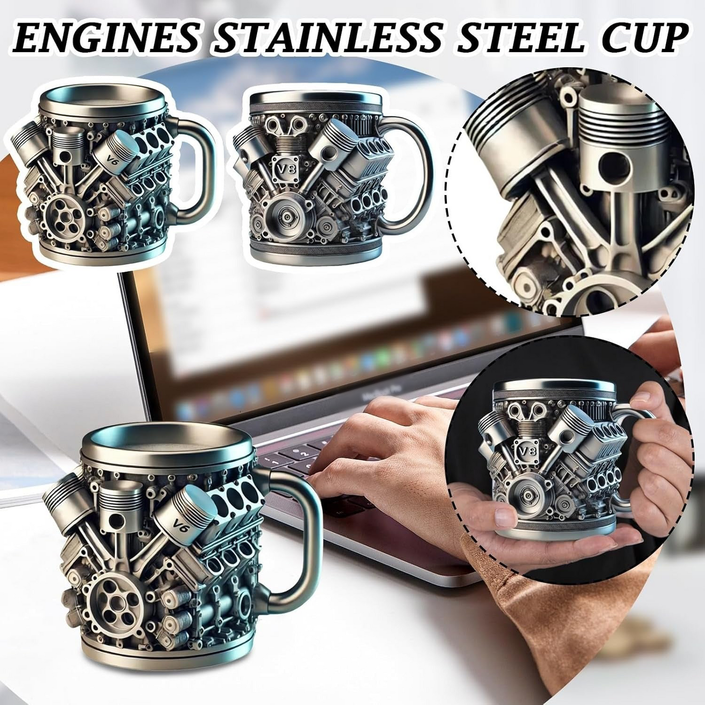 V6/V8 3D Engine Stainless Steel Mug — Rev Up Your Morning