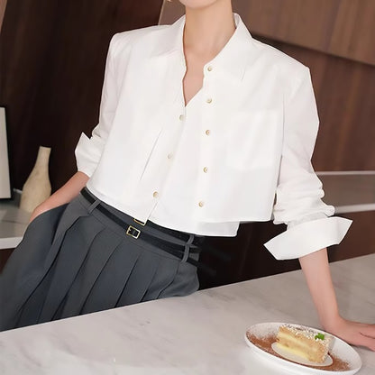 Four Seasons Wear White Shirt Women's Short Commuter Shirt Casual Long Sleeve Fake Two piece Top