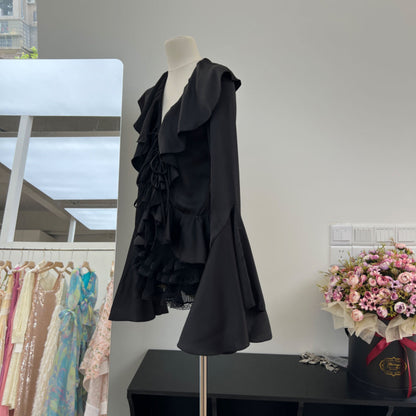 Girl Wind Lotus Leaf Edge Lace Horn Long Sleeve Satin Shirt+Folded Cake Half Skirt 2-piece Set Autumn