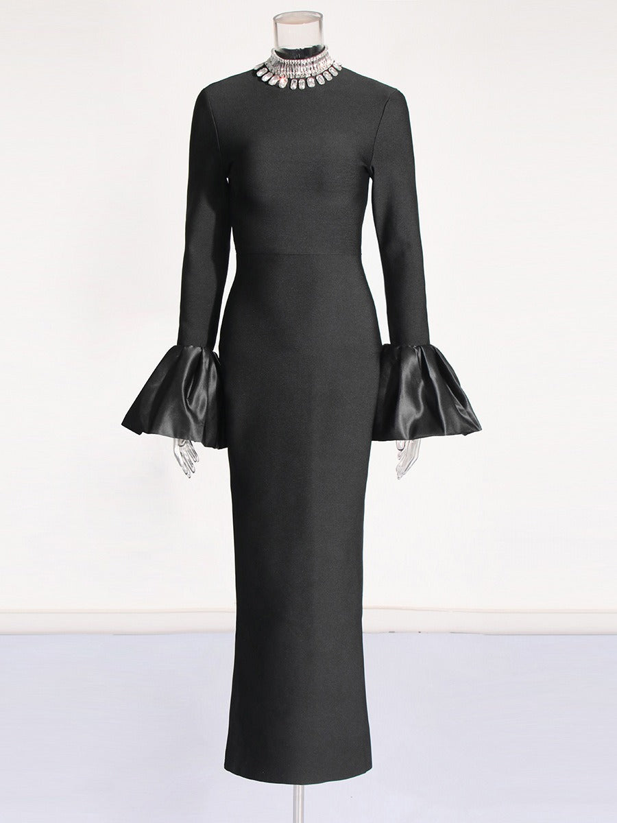 American sexy party dress with stand up collar long sleeves bandages ruffled edges hip hugging dress