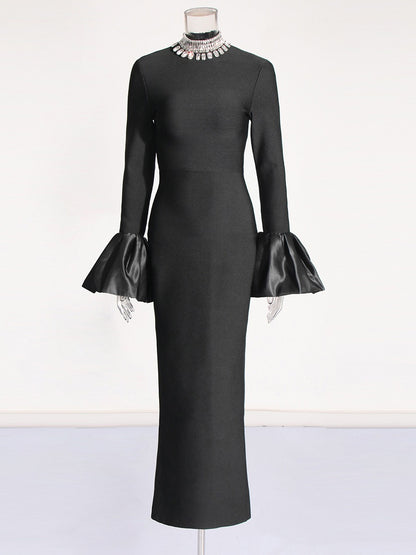 American sexy party dress with stand up collar long sleeves bandages ruffled edges hip hugging dress