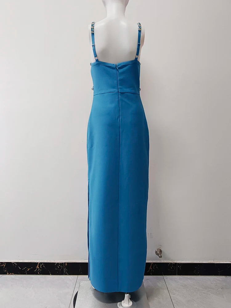 Solid Patchwork Diamonds Designer Dresses For Women V Neck Sleeveless High Waist Slimming Dress Female Fashion New