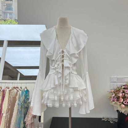 Girl Wind Lotus Leaf Edge Lace Horn Long Sleeve Satin Shirt+Folded Cake Half Skirt 2-piece Set Autumn