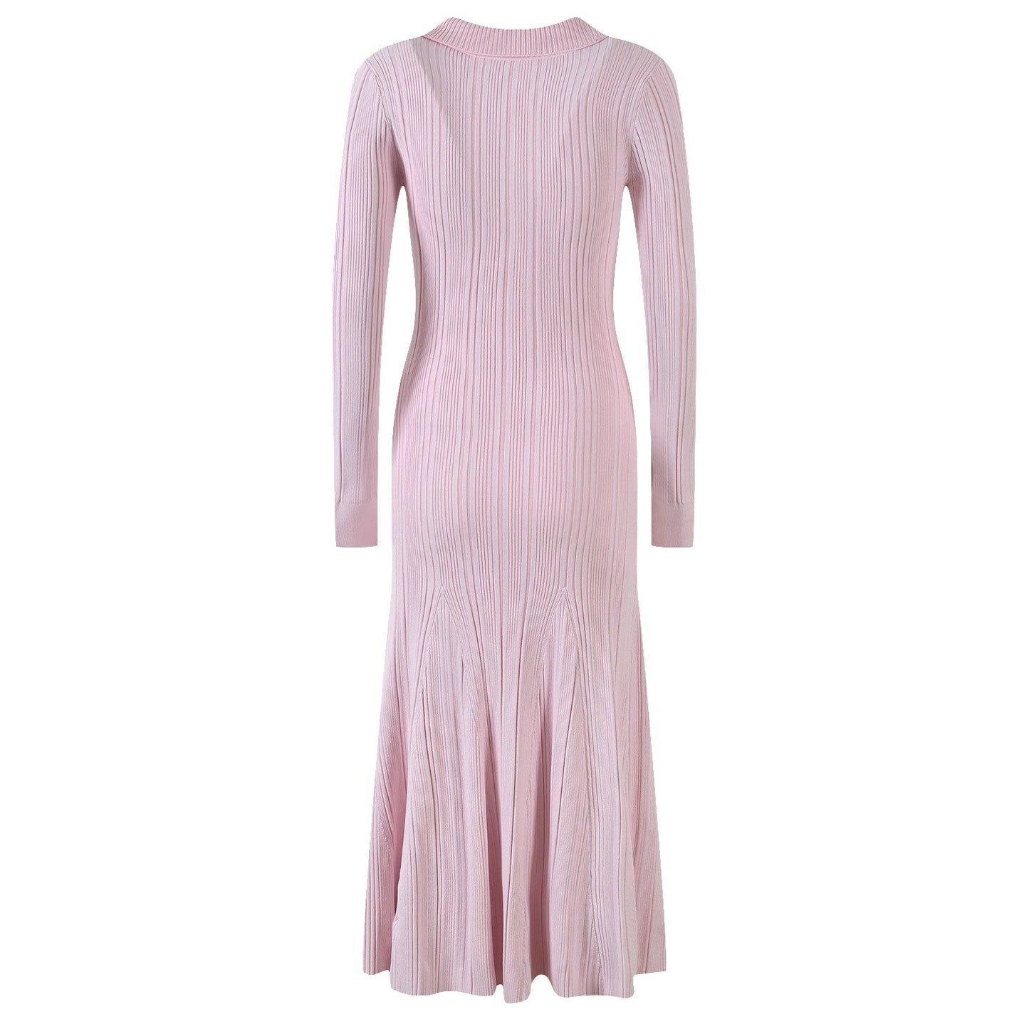Women's pink knitted medium-length dress senior sense of fashion temperament polo collar waist-skimming long dress