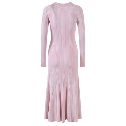 Women's pink knitted medium-length dress senior sense of fashion temperament polo collar waist-skimming long dress
