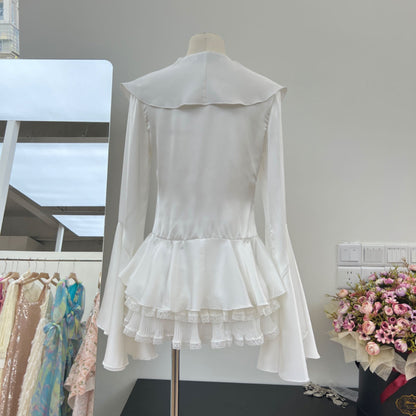 Girl Wind Lotus Leaf Edge Lace Horn Long Sleeve Satin Shirt+Folded Cake Half Skirt 2-piece Set Autumn