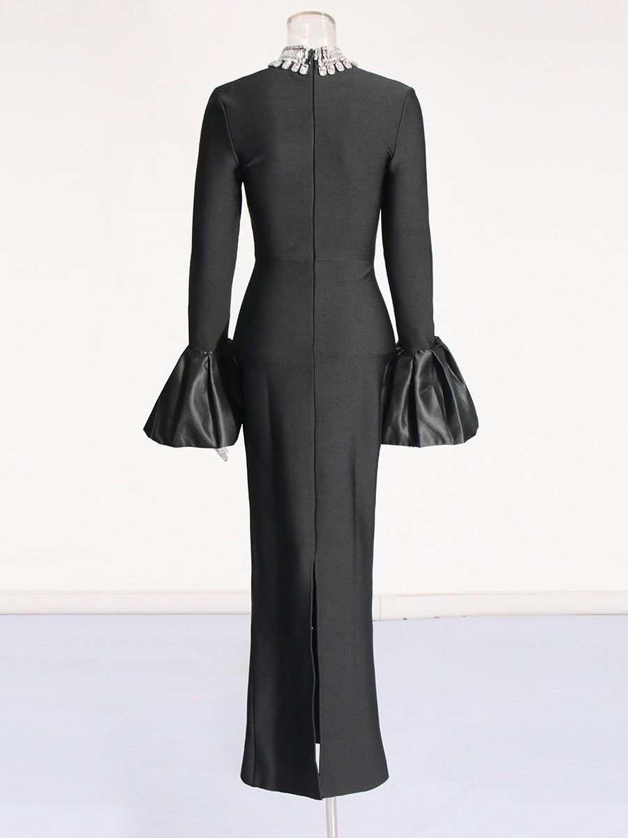 American sexy party dress with stand up collar long sleeves bandages ruffled edges hip hugging dress