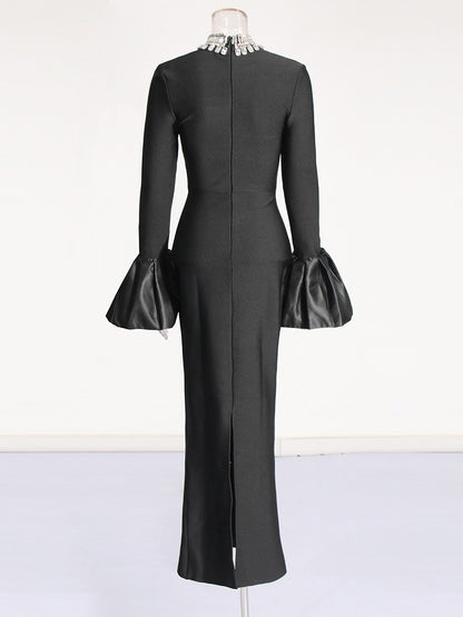 American sexy party dress with stand up collar long sleeves bandages ruffled edges hip hugging dress