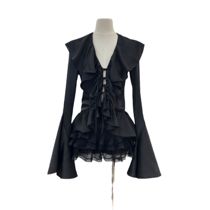 Girl Wind Lotus Leaf Edge Lace Horn Long Sleeve Satin Shirt+Folded Cake Half Skirt 2-piece Set Autumn