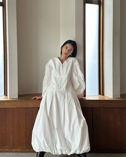 Autumn V Neck Lantern Long Sleeve Dresses Women Japan Clouds Vestidos Mujer Loose Casual Dress Simple Zipper Ropa Mujer