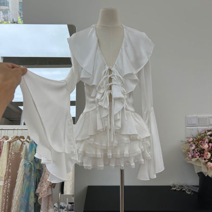 Girl Wind Lotus Leaf Edge Lace Horn Long Sleeve Satin Shirt+Folded Cake Half Skirt 2-piece Set Autumn