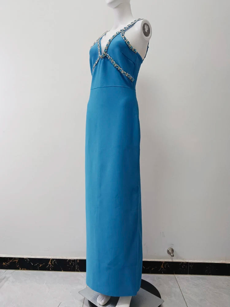 Solid Patchwork Diamonds Designer Dresses For Women V Neck Sleeveless High Waist Slimming Dress Female Fashion New