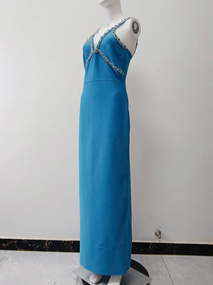 Solid Patchwork Diamonds Designer Dresses For Women V Neck Sleeveless High Waist Slimming Dress Female Fashion New