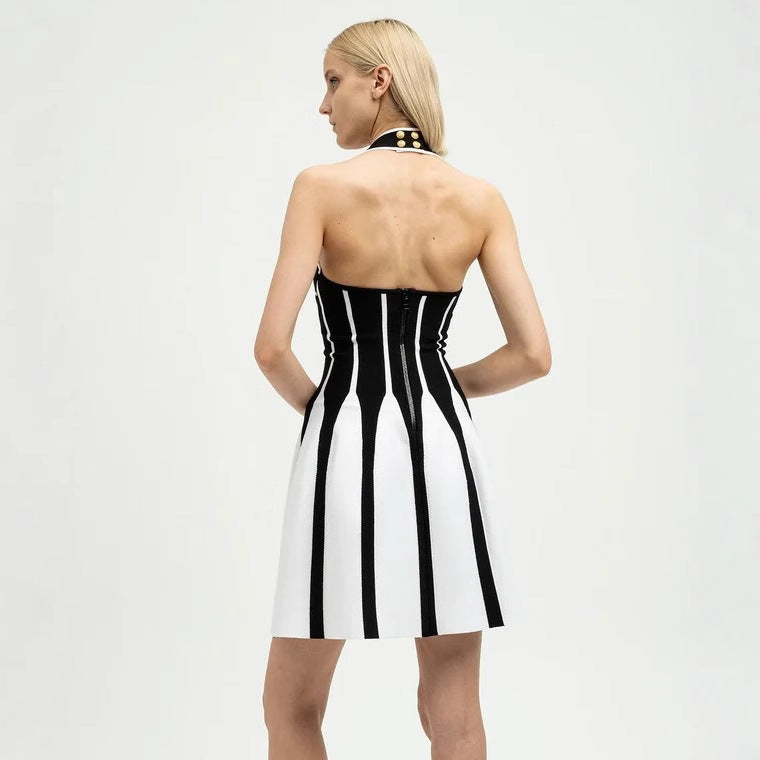 Women's knitted ice silk striped dress with halter neck and open back design