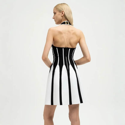 Women's knitted ice silk striped dress with halter neck and open back design