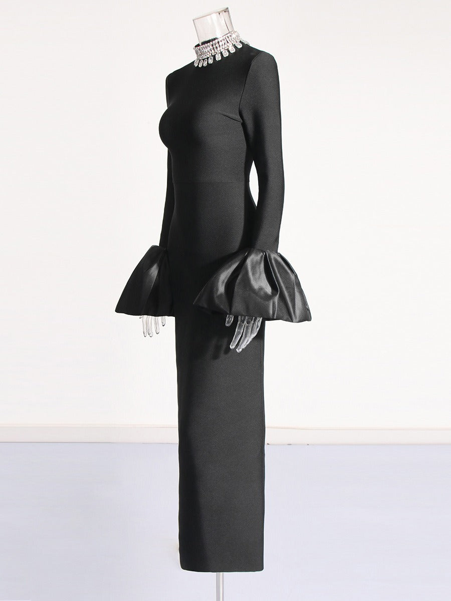 American sexy party dress with stand up collar long sleeves bandages ruffled edges hip hugging dress