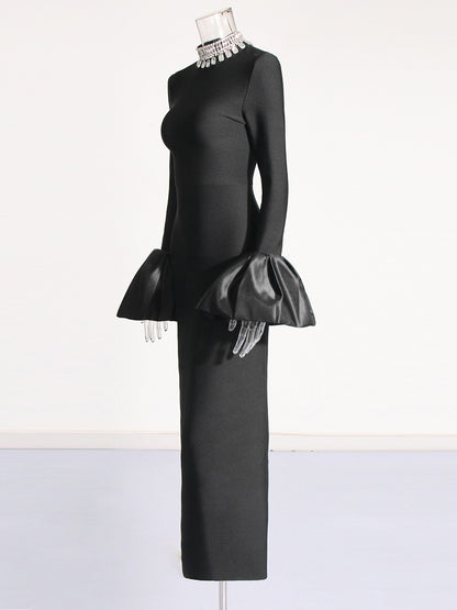 American sexy party dress with stand up collar long sleeves bandages ruffled edges hip hugging dress