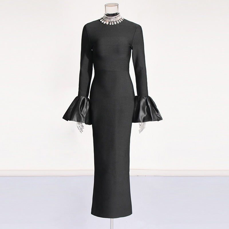 American sexy party dress with stand up collar long sleeves bandages ruffled edges hip hugging dress