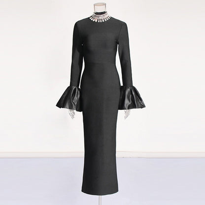 American sexy party dress with stand up collar long sleeves bandages ruffled edges hip hugging dress